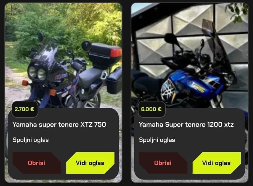 Favoriti u aplikaciji: dva sačuvana oglasa sa cenom i dugmetom Vidi oglas