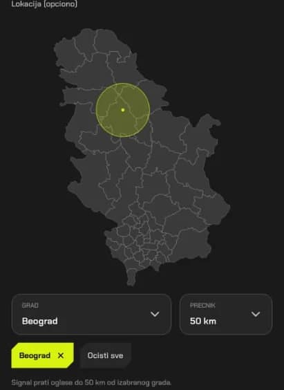 Filteri u aplikaciji: mapa Srbije, grad Beograd i prečnik 50 km